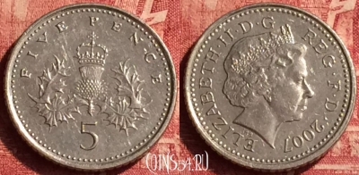 Великобритания 5 пенсов 2007 года, KM# 988, 351o-082