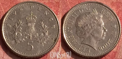 Великобритания 5 пенсов 2008 года, KM# 988, 375o-031