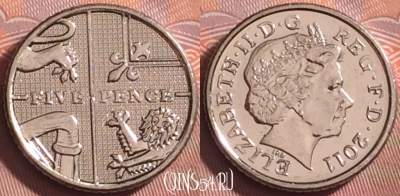 Великобритания 5 пенсов 2011 года, KM# 1109d, 189k-079