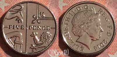 Великобритания 5 пенсов 2014 года, KM# 1109d, 080i-122