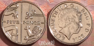 Великобритания 5 пенсов 2014 года, KM# 1109d, 107b-138