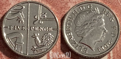 Великобритания 5 пенсов 2014 года, KM# 1109d, 486р-040