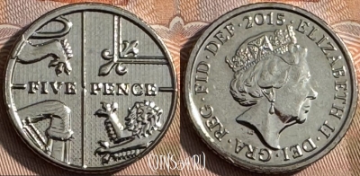 Великобритания 5 пенсов 2015 года, KM# 1334, 146s-124