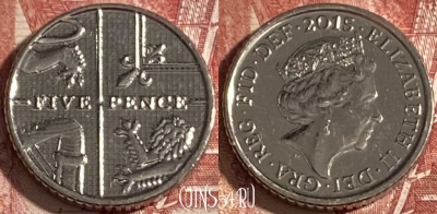 Великобритания 5 пенсов 2015 года, KM# 1334, 335r-055