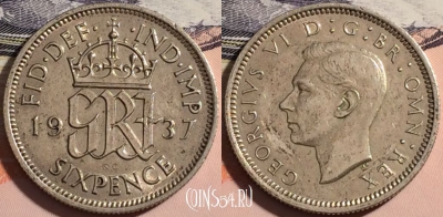 Великобритания 6 пенсов 1937 года, Ag, KM# 852, a063-051