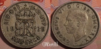 Великобритания 6 пенсов 1939 года, Ag, KM# 852, 183-077