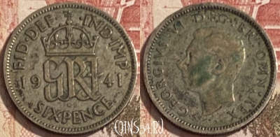 Великобритания 6 пенсов 1941 г., Ag, KM# 852, 091s-034 ♛