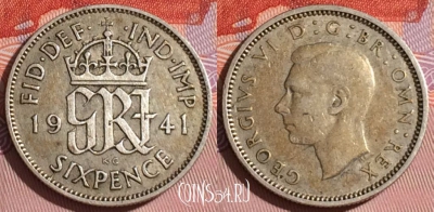 Великобритания 6 пенсов 1941 года Ag, KM# 852, 164c-108