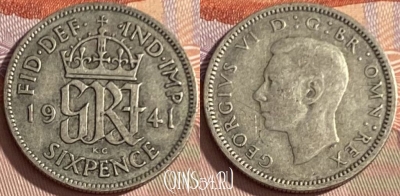 Великобритания 6 пенсов 1941 года Ag, KM# 852, 370p-029