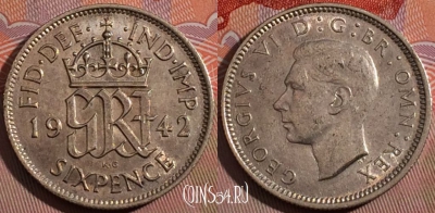 Великобритания 6 пенсов 1942 года, Ag, KM# 852, 183-078