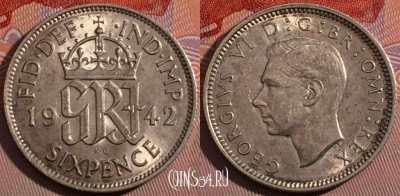Великобритания 6 пенсов 1942 года, Ag, KM# 852, 183-079