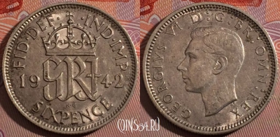 Великобритания 6 пенсов 1942 года, Ag, KM# 852, 183-080