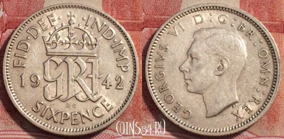 Великобритания 6 пенсов 1942 года, Ag, KM# 852, 230-003