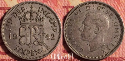 Великобритания 6 пенсов 1942 года Ag, KM# 852, 163j-088