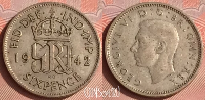Великобритания 6 пенсов 1942 года Ag, KM# 852, 320o-049