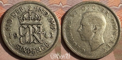 Великобритания 6 пенсов 1943 г., Ag, KM# 852, 138s-003