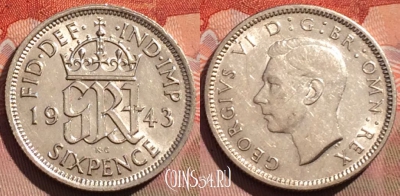 Великобритания 6 пенсов 1943 года Ag, KM# 852, 275a-007