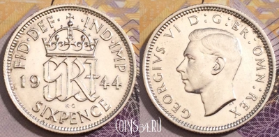 Великобритания 6 пенсов 1944 года, Ag, KM# 852, 235-090
