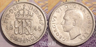 Великобритания 6 пенсов 1945 года, Ag, KM# 852, 235-085