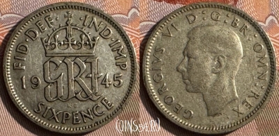 Великобритания 6 пенсов 1945 г., Ag, KM# 852, 133s-087