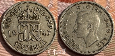 Великобритания 6 пенсов 1947 года, KM# 862, 160s-068