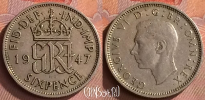 Великобритания 6 пенсов 1947 года, KM# 862, 280o-022