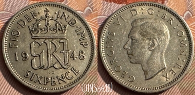 Великобритания 6 пенсов 1948 года, KM# 862, 158s-010 ♛