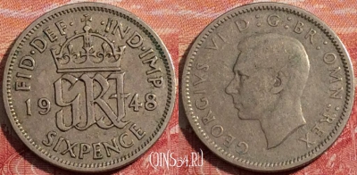 Великобритания 6 пенсов 1948 года, KM# 862, 167-026