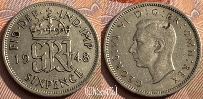 Великобритания 6 пенсов 1948 года, KM# 862, 168s-138
