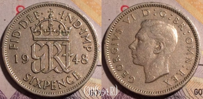 Великобритания 6 пенсов 1948 года, KM# 862, 182a-041