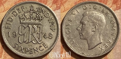 Великобритания 6 пенсов 1948 года, KM# 862, 307q-124