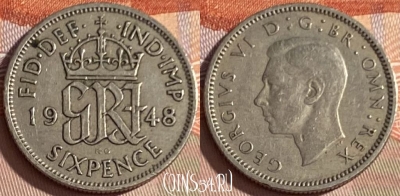 Великобритания 6 пенсов 1948 года, KM# 862, 371p-033