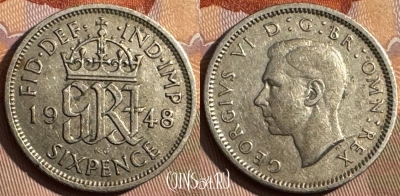 Великобритания 6 пенсов 1948 года, KM# 862, 373s-061 ♛