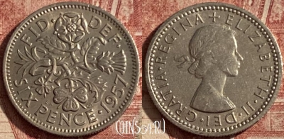Великобритания 6 пенсов 1957 года, KM# 903, 102q-047