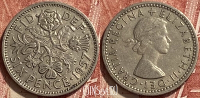 Великобритания 6 пенсов 1957 года, KM# 903, 312q-121