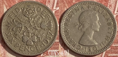 Великобритания 6 пенсов 1957 года, KM# 903, 368r-013