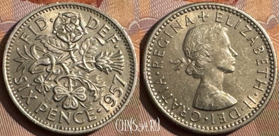 Великобритания 6 пенсов 1957 года, KM# 903, 379s-082