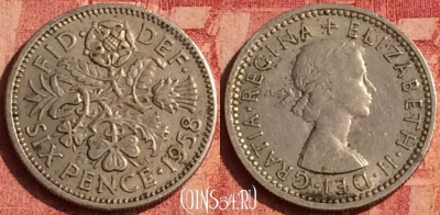 Великобритания 6 пенсов 1958 года, KM# 903, 383o-143