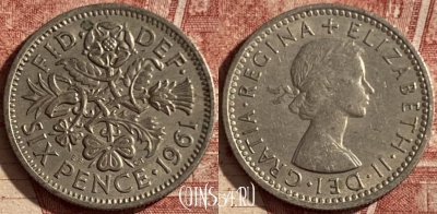 Великобритания 6 пенсов 1961 года, KM# 903, 102q-097