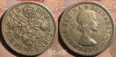 Великобритания 6 пенсов 1962 года, KM# 903, 402s-024