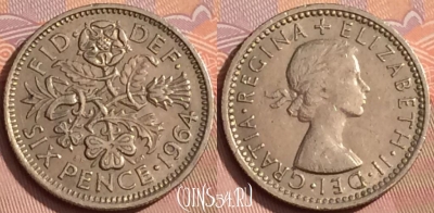 Великобритания 6 пенсов 1964 года, KM# 903, 351k-123