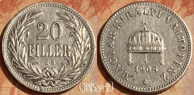 Венгрия 20 филлеров 1908 года, KM# 483, 462q-345 ♛