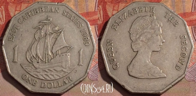 Восточные Карибы 1 доллар 1989 года, KM# 20, 105d-104