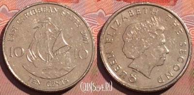Восточные Карибы 10 центов 2007 года, KM# 37, 080d-124