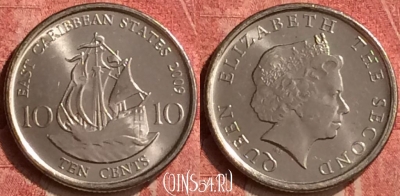 Восточные Карибы 10 центов 2009 года, KM# 37a, 408-123