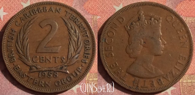 Восточные Карибы 2 цента 1958 года, KM# 3, 378-081