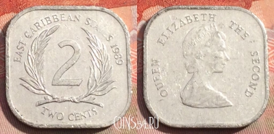 Восточные Карибы 2 цента 1989 года, KM# 11, 282a-057
