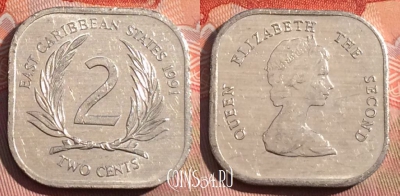 Восточные Карибы 2 цента 1991 года, KM# 11, 267a-108
