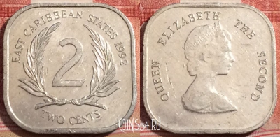 Восточные Карибы 2 цента 1992 года, KM# 11, 223-017