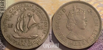 Восточные Карибы 25 центов 1955 года, KM# 6, 163-050